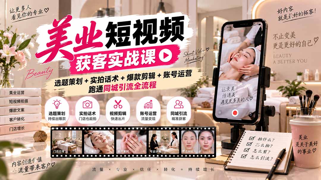 美业短视频获客实战课-无水印：选题策划+实拍话术+爆款剪辑+账号运营，跑通同城引流全流程-云科数创