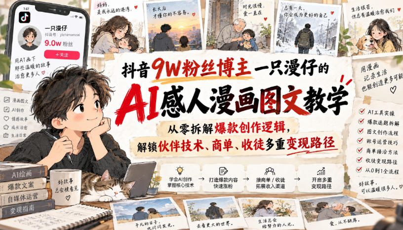 抖音9W粉丝博主一只漫仔的AI感人漫画图文教学，从零拆解爆款创作逻辑，解锁伙伴技术、商单、收徒多重变现路径-云科数创
