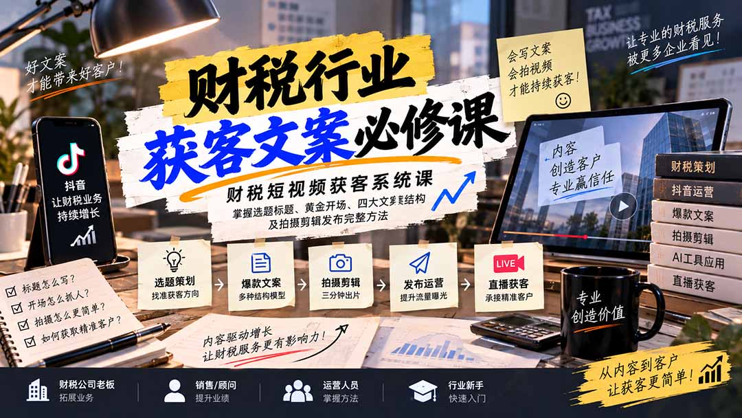 财税短视频获客系统课:掌握选题标题、黄金开场、四大文案结构及拍摄剪辑发布完整方法-云科数创