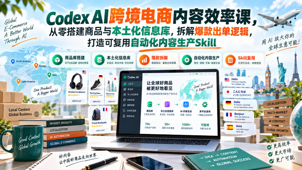 Codex AI跨境电商内容效率课，从零搭建商品与本土化信息库，拆解爆款出单逻辑，打造可复用自动化内容生产Skill-云科数创