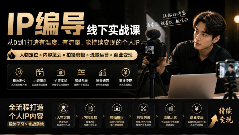 【无水印】IP编导线下实战课，从人物定位到短视频拍摄剪辑，全流程打造有温度、有流量、能持续变现的个人IP内容-云科数创