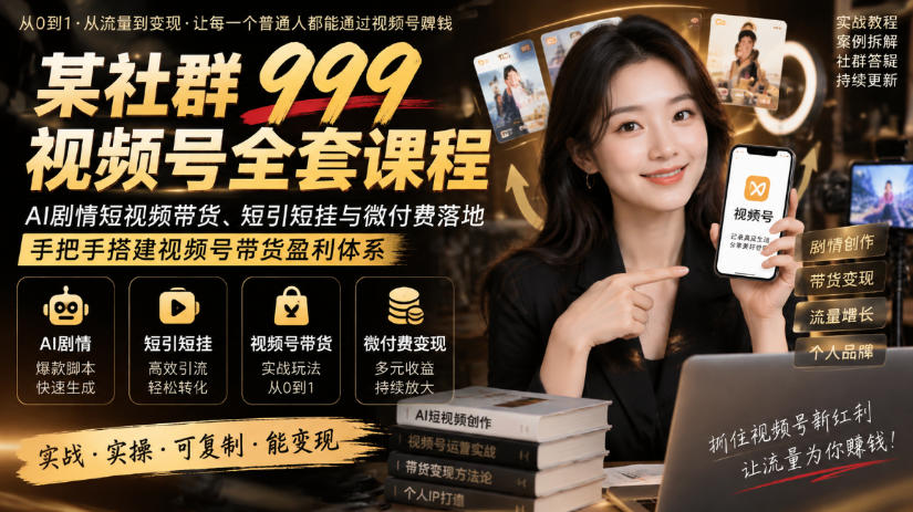 某社群999视频号全套课程，AI剧情短视频带货、短引短挂与微付费落地，手把手搭建视频号带货盈利体系-云科数创