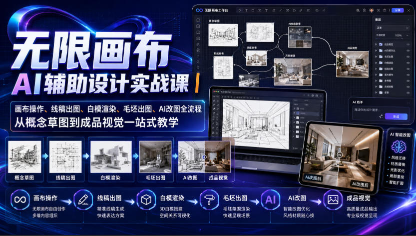 无限画布AI辅助设计实战课｜画布操作、线稿出图、白模渲染、毛坯出图、AI改图全流程，从概念草图到成品视觉一站式教学(更新0923)-云科数创