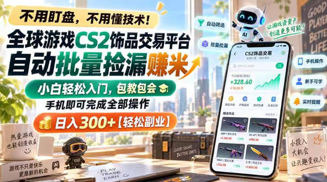 全球游戏CS2饰品交易平台自动批量捡漏賺米,小白轻松入门,包教包会,手机即可完成全部操作,日入300+【揭秘】-云科数创