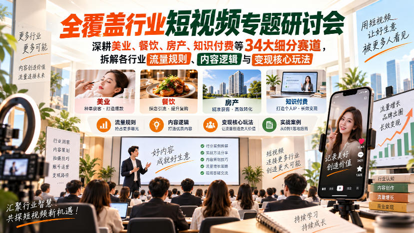 短视频专题研讨会，深耕美业、餐饮、房产、知识付费等34大细分赛道，拆解各行业流量规则、内容逻辑与变现核心玩法-云科数创
