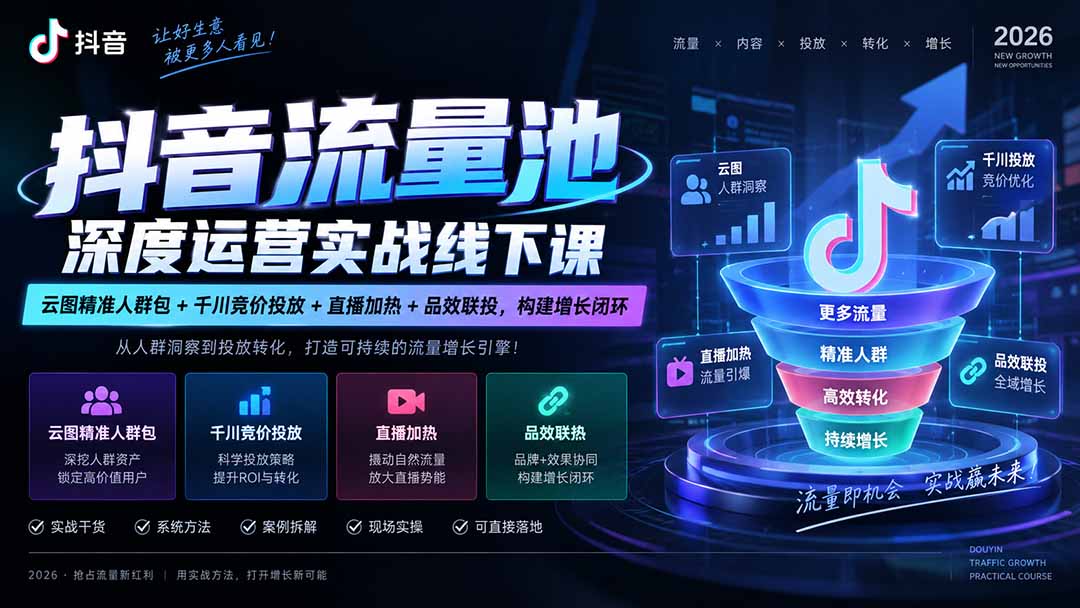 抖音流量池深度运营实战线下课｜云图精准人群包+千川竞价投放+直播加热+品效联投，构建增长闭环-云科数创