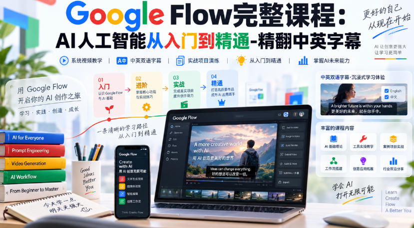 【无水印】Google Flow完整课程：AI人工智能从入门到精通-精翻中英字幕-云科数创