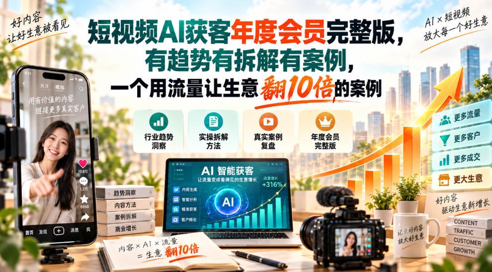 短视频AI获客年度会员完整版，有趋势有拆解有案例，一个用流量让生意翻10倍的案例-云科数创