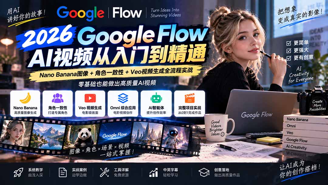 【无水印】Google Flow AI视频从入门到精通：Nano Banana图像+角色一致性+Veo视频生成全流程实战-精翻中英字幕-云科数创