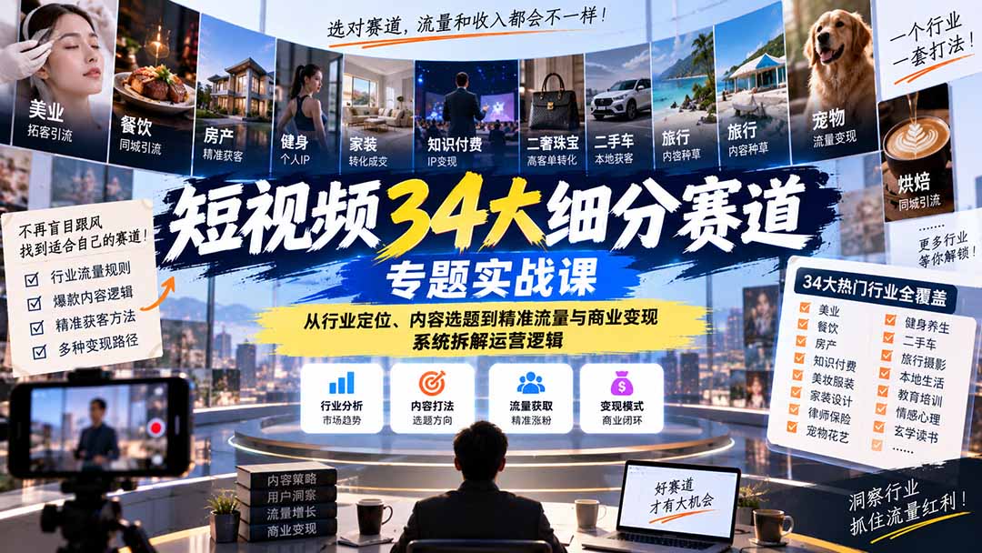 短视频34大细分赛道专题实战课:从行业定位、内容选题到精准流量与商业变现,系统拆解运营逻辑-云科数创