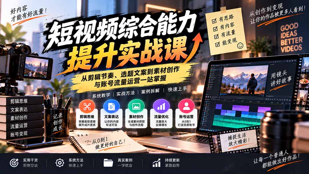 短视频综合能力提升实战课：从剪辑节奏、选题文案到素材创作与账号流量运营一站掌握-云科数创