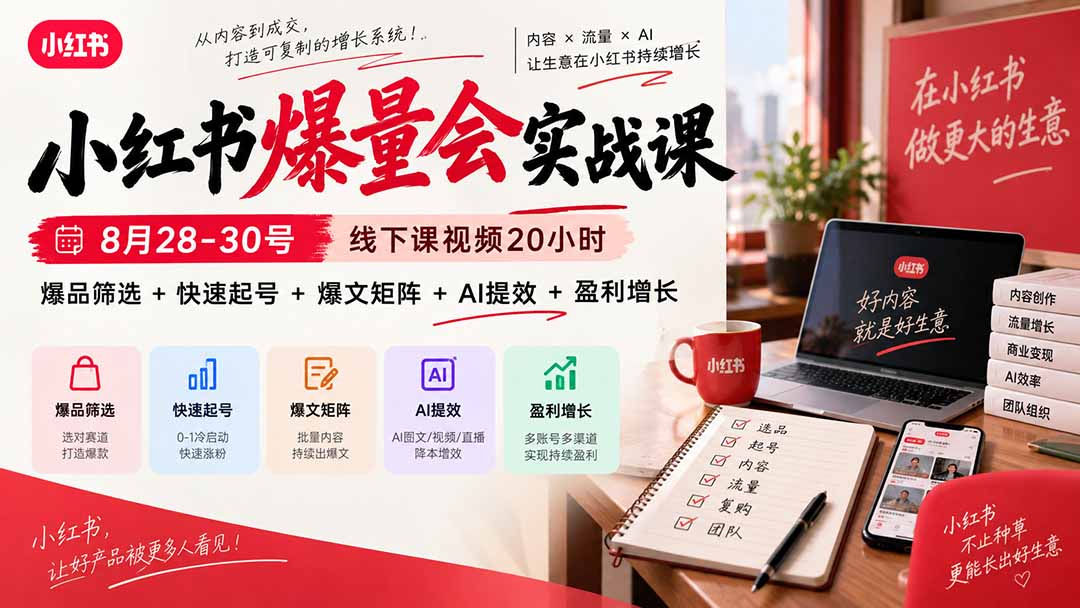 小红书爆量会实战课-更新9月23：线下课视频20小时，爆品筛选+快速起号+爆文矩阵+AI提效+盈利增长-云科数创