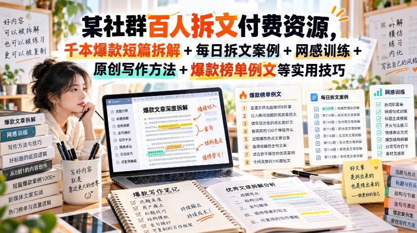 某社群百人拆文付费资源，千本爆款短篇拆解+每日拆文案例+网感训练+原创写作方法+爆款榜单例文等实用技巧(持续更新)-云科数创