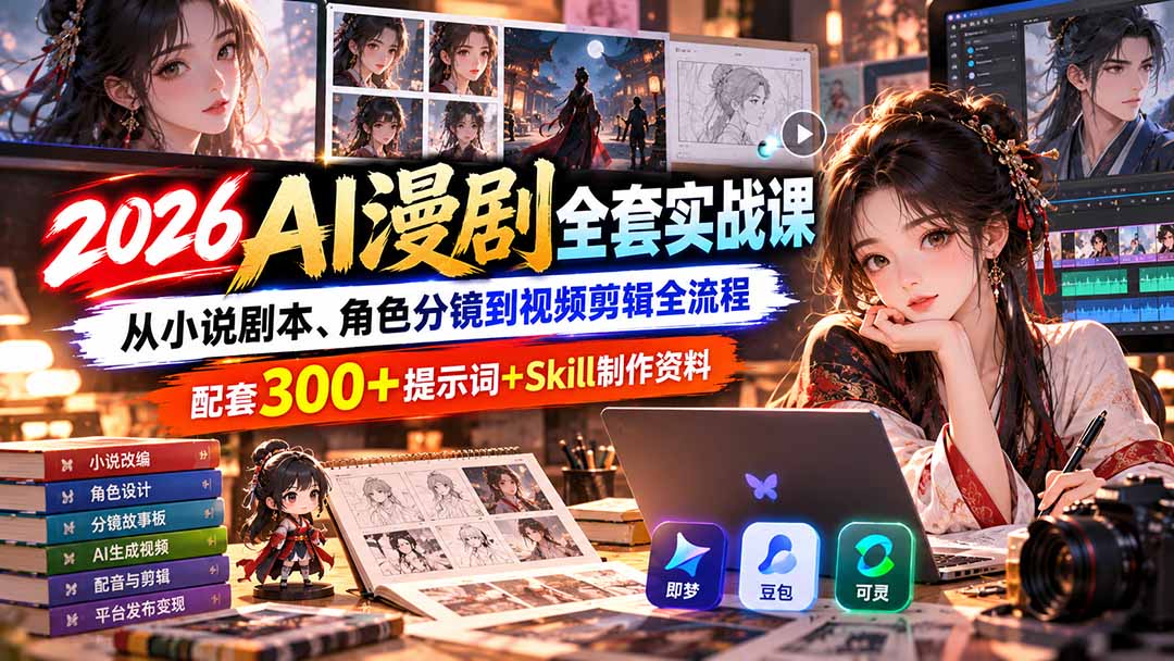 【无水印】2026AI漫剧全套实战课：从小说剧本、角色分镜到视频剪辑全流程，配套300+提示词+Skill制作资料-云科数创