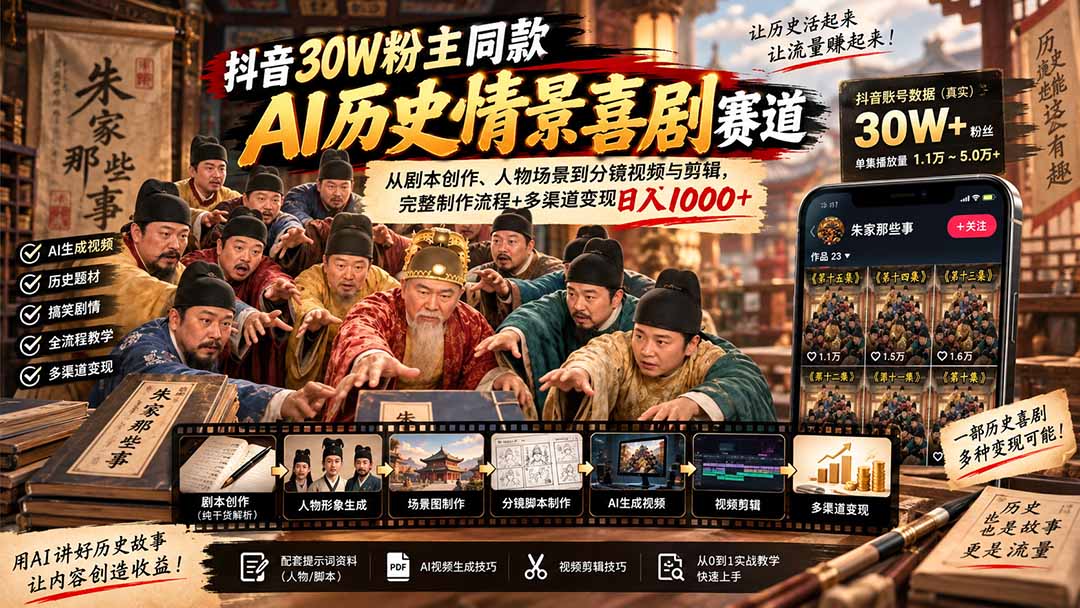 抖音30W粉博主同款AI历史情景喜剧赛道：从剧本创作、人物场景到分镜视频与剪辑，完整制作流程+多渠道变现日入1000+-云科数创