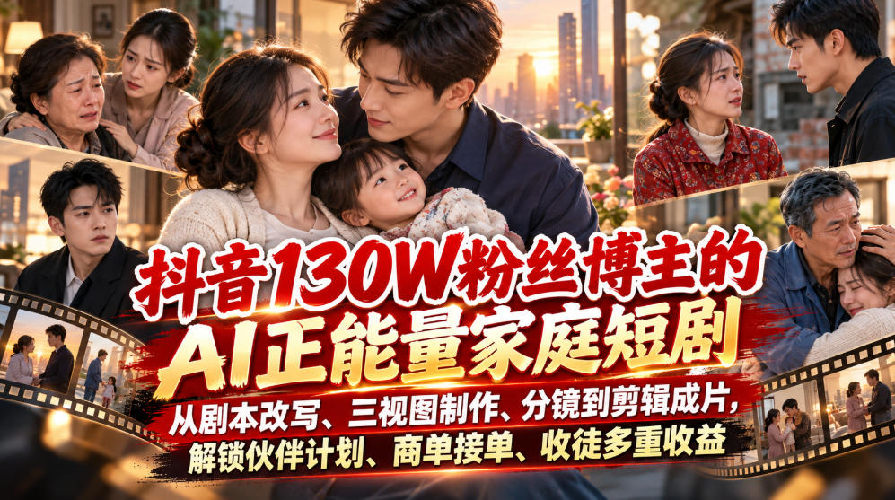 抖音130W粉丝博主的AI正能量家庭短剧，从剧本改写、三视图制作、分镜到剪辑成片，解锁伙伴计划、商单接单、收徒多重收益-云科数创