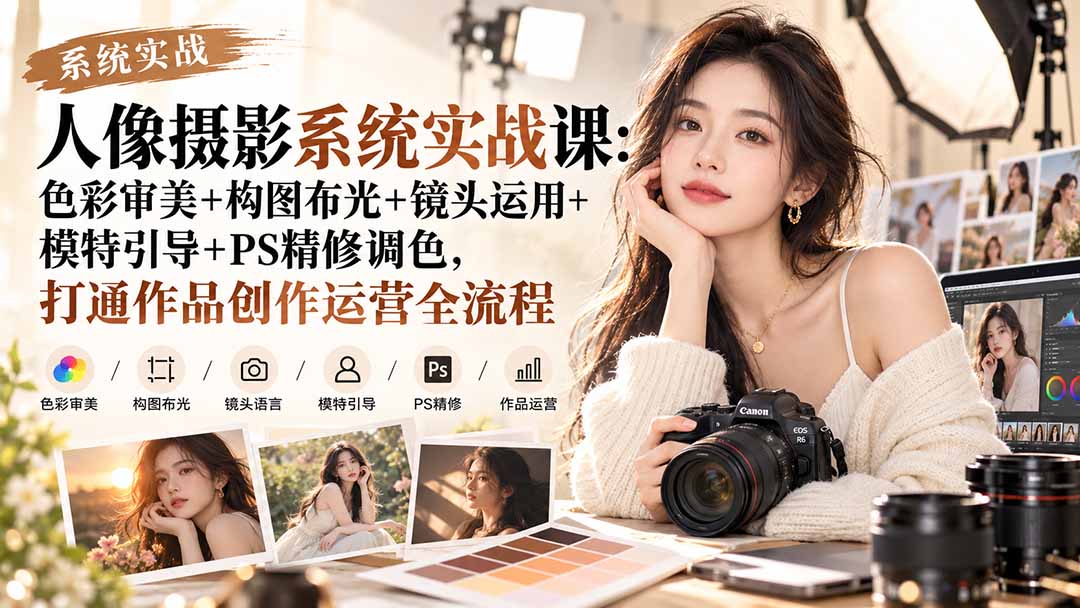 【无水印】人像摄影系统实战课：色彩审美+构图布光+镜头运用+模特引导+PS精修调色，打通作品创作运营全流程-云科数创
