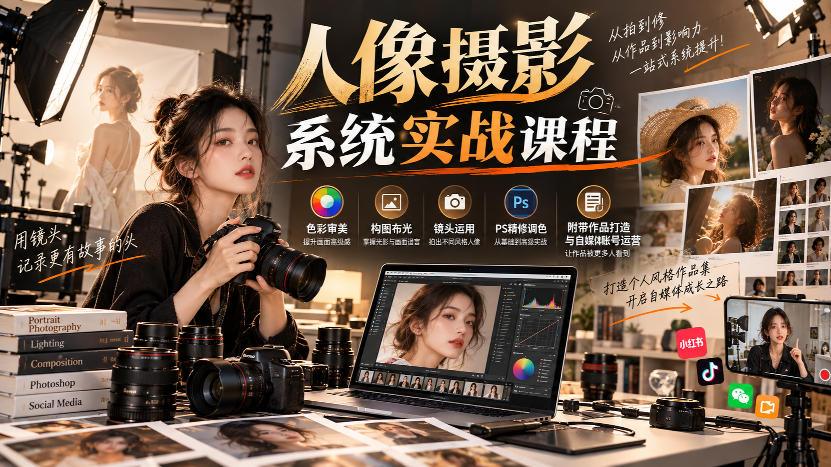 【无水印】人像摄影系统实战课程,色彩审美、构图布光、镜头运用、PS精修调色,附带作品打造与自媒体账号运营-云科数创