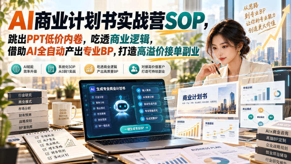 AI商业计划书实战营SOP，跳出PPT低价内卷，吃透商业逻辑，借助AI全自动产出专业BP，打造高溢价接单副业-云科数创