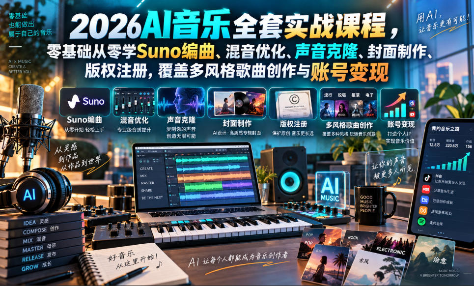 2026AI音乐实战课程，零基础从零学Suno编曲、混音优化、声音克隆、版权注册，覆盖多风格歌曲创作与账号变现(更新0924)-云科数创