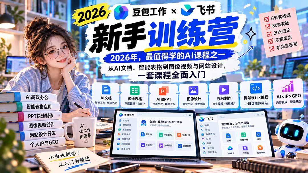 2026豆包工作+飞书新手训练营-9月新课：从AI文档、智能表格到图像视频与网站设计，一套课程全面入门-云科数创