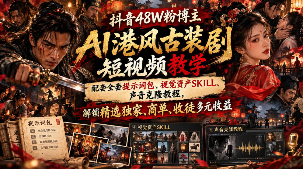 抖音48W粉博主AI港风古装剧短视频教学，配套全套提示词包、视觉资产SKILL、声音克隆教程，解锁精选独家、商单、收徒多元收益-云科数创