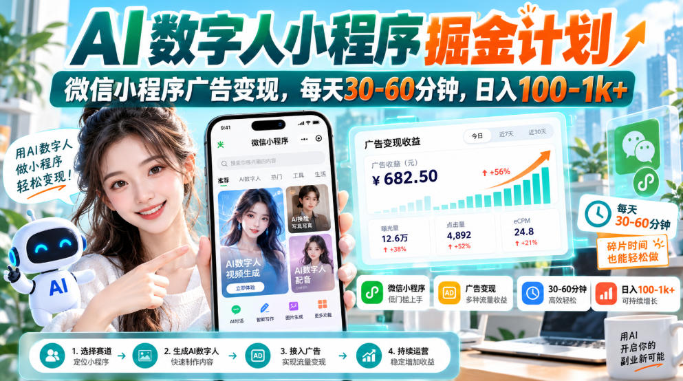 【无水印】AI数字人小程序掘金计划，微信小程序广告变现，每天30‑60分钟，日入100‑1k+-云科数创