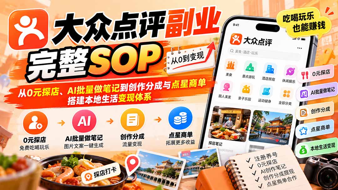 【无水印】大众点评副业完整SOP：从0元探店、AI批量做笔记到创作分成与点星商单，搭建本地生活变现体系-云科数创