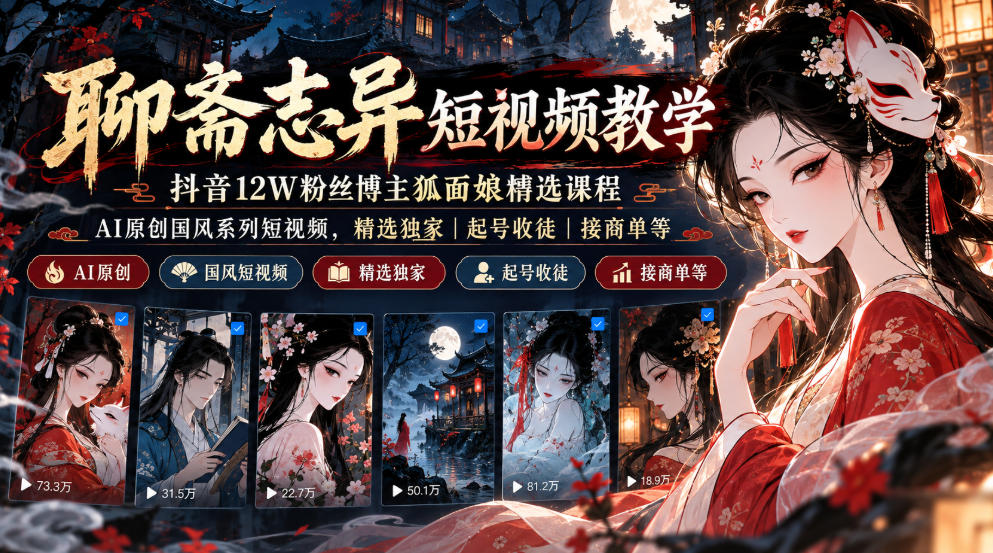 聊斋志异短视频教学，抖音12W粉丝博主狐面娘精选课程，AI原创国风系列短视频，精选独家丨起号收徒丨接商单等-云科数创