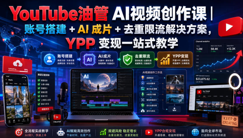 YouTube油管AI视频创作课｜账号搭建+AI成片+去重限流解决方案，YPP变现一站式教学(更新0925)-云科数创