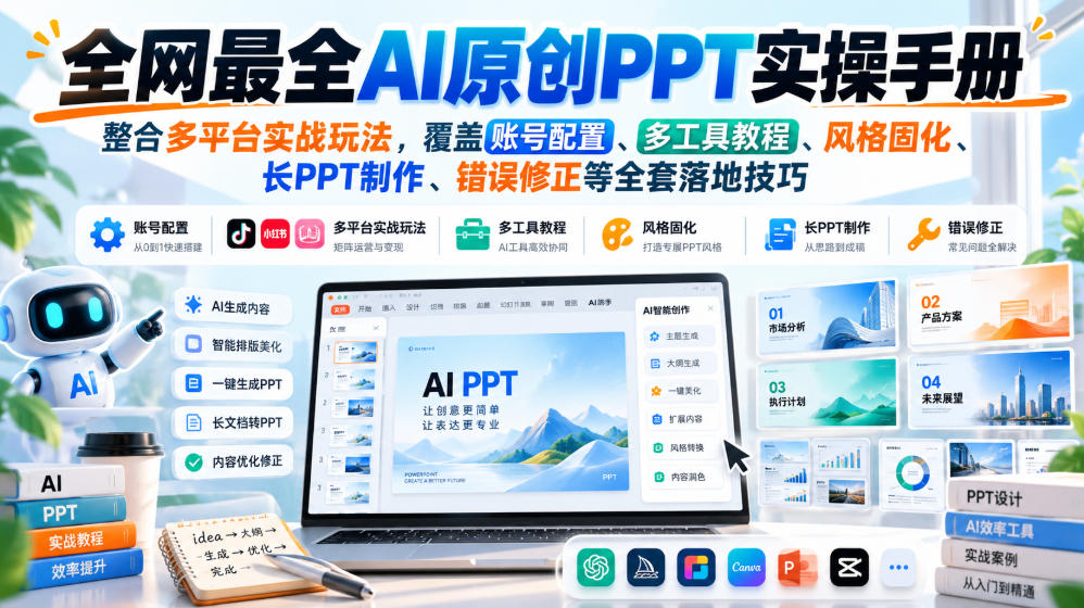 全网最全AI原创PPT实操手册，整合多平台实战玩法，覆盖账号配置、多工具教程、风格固化、长PPT制作、错误修正等全套落地技巧-云科数创