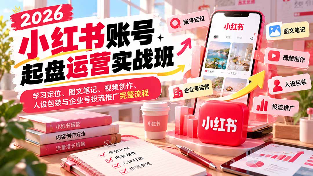 2026小红书账号起盘运营实战班：学习定位、图文笔记、视频创作、人设包装与企业号投流推广完整流程-云科数创