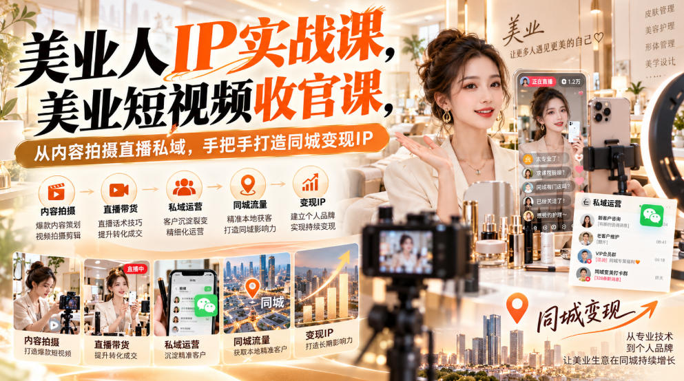 【无水印】美业人IP实战课，美业短视频收官课，从内容拍摄直播私域，手把手打造同城变现IP-云科数创
