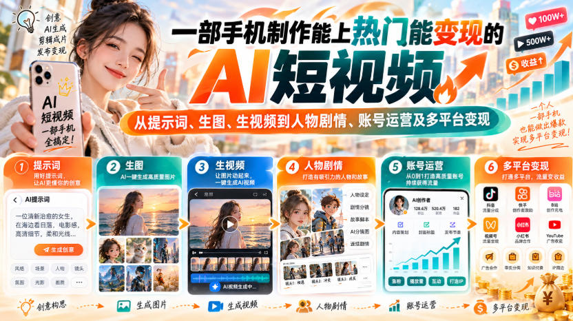 【无水印】一部手机制作能上热门能变现的AI短视频，从提示词、生图、生视频到人物剧情、账号运营及多平台变现-云科数创
