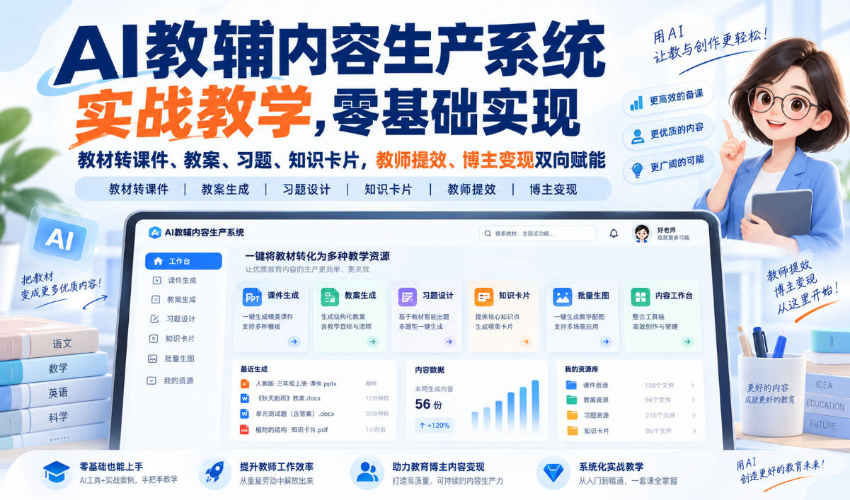 【无水印】AI教辅内容生产系统实战教学，零基础实现教材转课件、教案、习题、知识卡片，教师提效、博主变现双向赋能(更新0926)-云科数创
