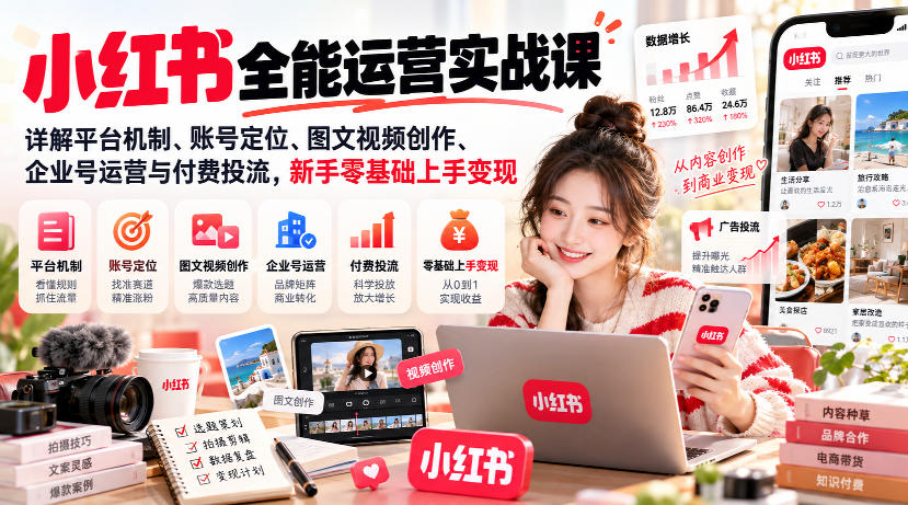 小红书全能运营实战课，详解平台机制、账号定位、图文视频创作、企业号运营与付费投流，新手零基础上手变现-云科数创