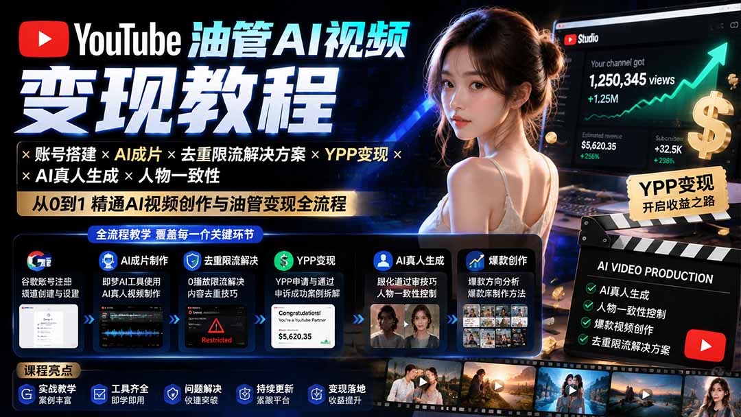 YouTube油管AI视频变现教程-更新0926：账号搭建×AI成片×去重限流解决方案×YPP变现×AI真人生成×人物一致性-云科数创
