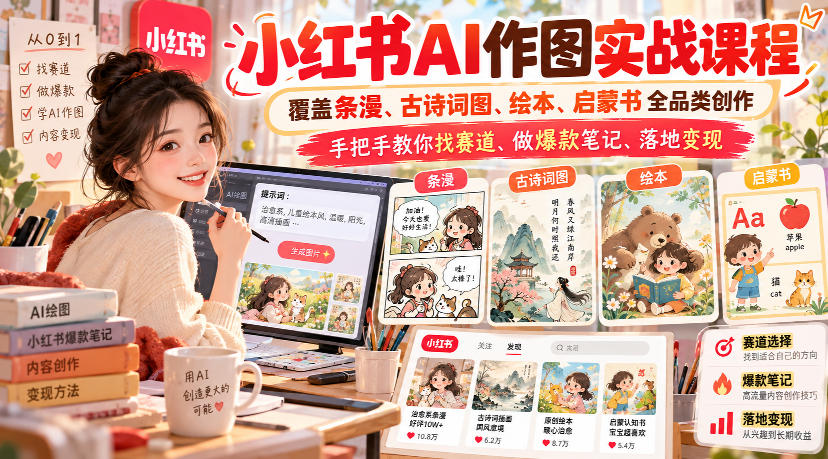 小红书AI作图实战课程，覆盖条漫、古诗词图、绘本、启蒙书全品类创作，手把手教你找赛道、做爆款笔记、落地变现-云科数创