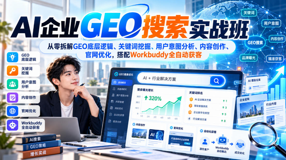 AI企业GEO搜索实战班，从零拆解GEO底层逻辑、关键词挖掘、用户意图分析、内容创作、官网优化，搭配Workbuddy全自动获客-云科数创