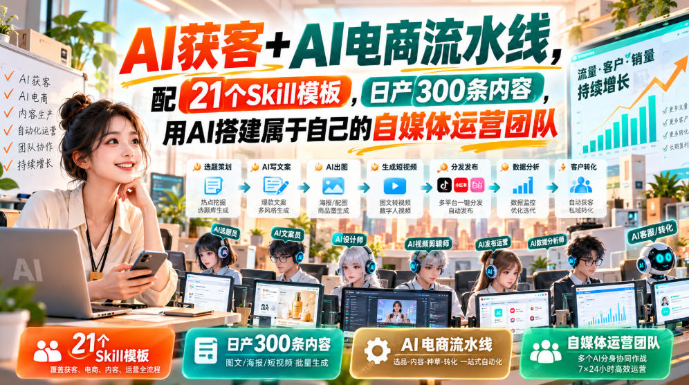 AI获客+AI电商流水线，配21个Skill模板，日产300条内容，用AI搭建属于自己的自媒体运营团队-云科数创