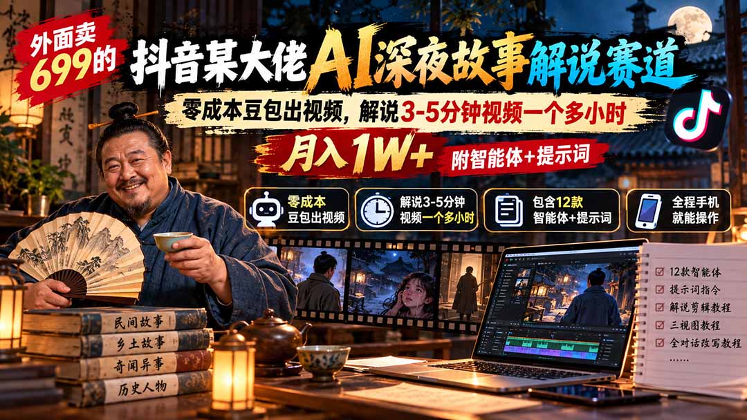 外面卖699的抖音某大佬AI深夜故事解说赛道：零成本豆包出视频，解说3-5分钟视频一个多小时，月入1W+附智能体+提示词-云科数创