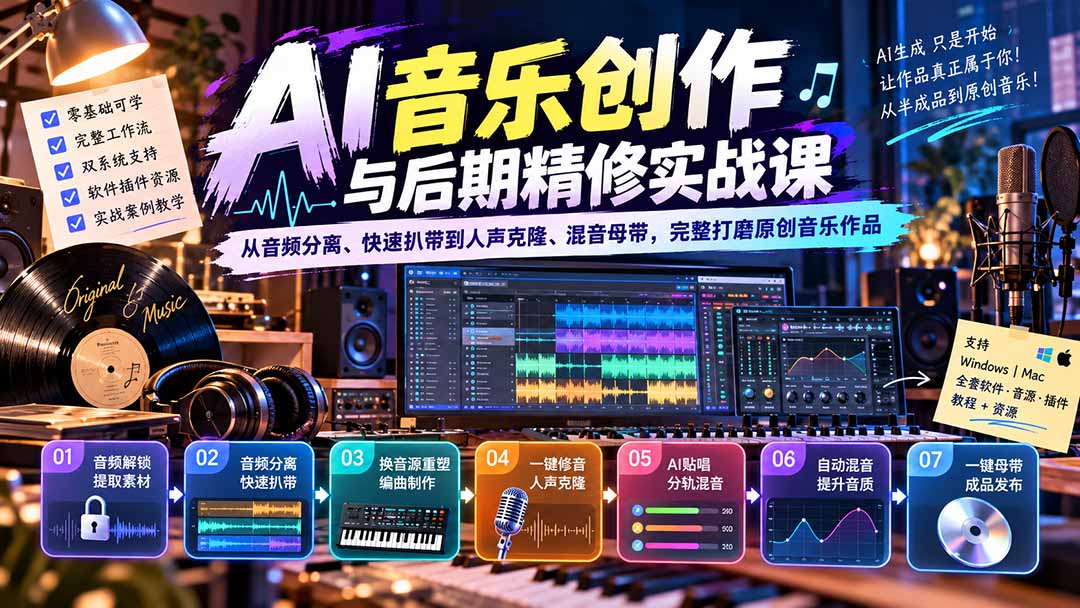 AI音乐创作与后期精修实战课：从音频分离、快速扒带到人声克隆、混音母带，完整打磨原创音乐作品-云科数创