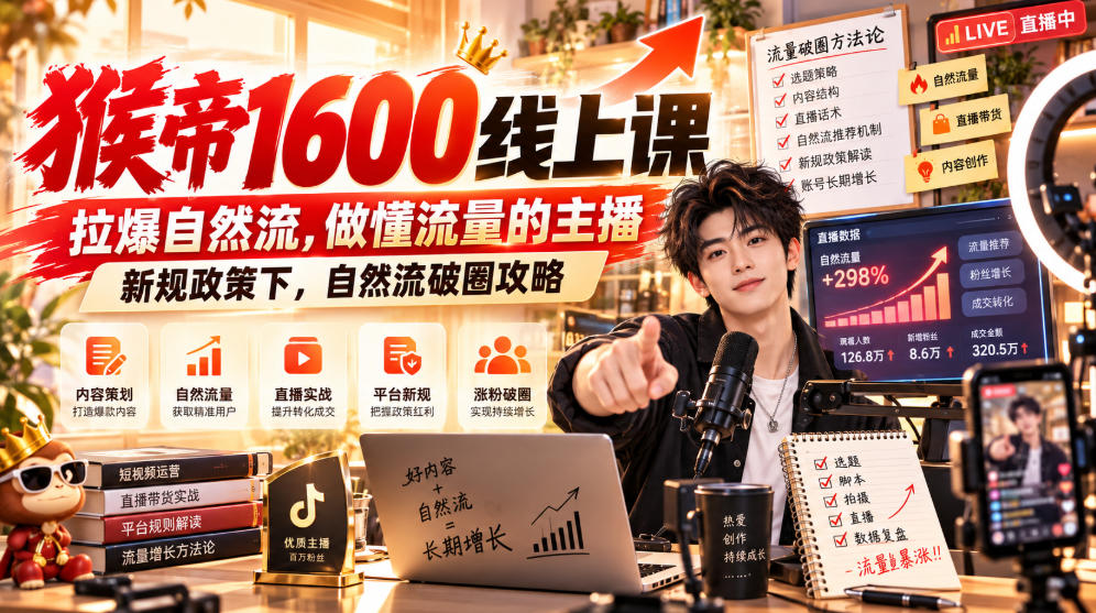 猴帝1600线上课，拉爆自然流，做懂流量的主播，新规政策下，自然流破圈攻略【更新260926】-云科数创