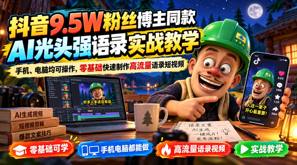 抖音9.5W粉丝博主同款AI光头强语录实战教学，手机、电脑均可操作，零基础快速制作高流量语录短视频-云科数创