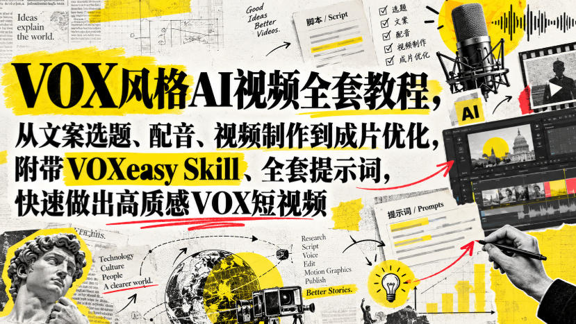 VOX风格AI视频全套教程，从文案选题、配音、视频制作到成片优化，附带VOXeasy Skill、全套提示词，快速做出高质感VOX短视频-云科数创