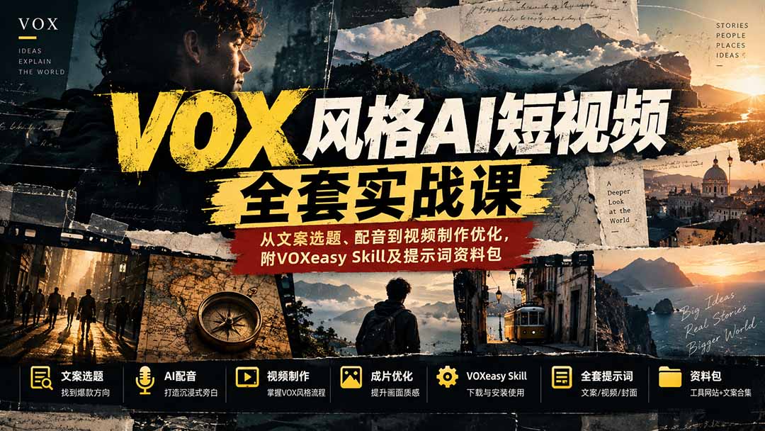 【无水印】VOX风格AI短视频全套实战课：从文案选题、配音到视频制作优化，附VOXeasy Skill及提示词资料包-云科数创