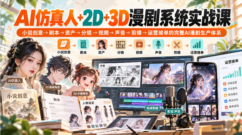 【无水印】AI仿真人+2D+3D漫剧系统实战课，小说创意→剧本→资产→分镜→视频→声音→剪辑→运营接单的完整AI漫剧生产体系-云科数创