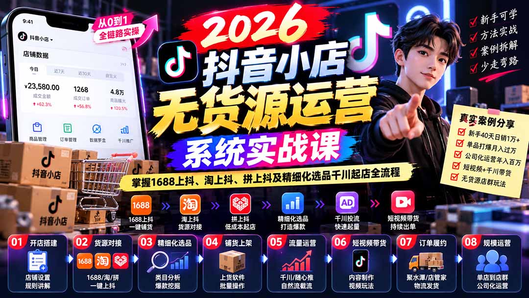 【无水印】2026抖音小店无货源运营系统实战课：掌握1688上抖、淘上抖、拼上抖及精细化选品千川起店全流程-云科数创