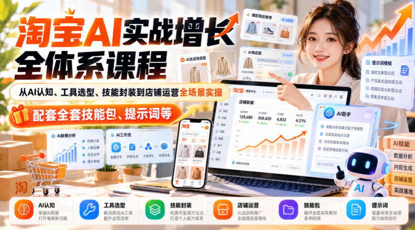 淘宝AI实战增长全体系课程，从AI认知、工具选型、技能封装到店铺运营全场景实操，配套全套技能包、提示词等-云科数创
