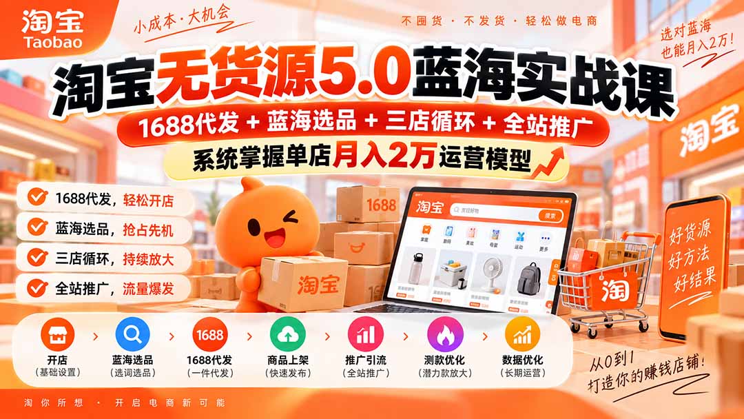 淘宝无货源5.0蓝海实战课-更新0927：1688代发+蓝海选品+三店循环+全站推广，系统掌握单店月入2万运营模型-云科数创
